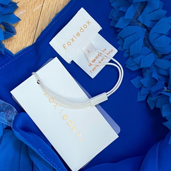 NWT Foxiedox Pleated Front Slit Floral Strap Sapphire Blue Midi Dress Size L - Picture 5 of 16